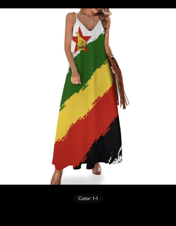 Long Dresses Dress Zimbabwe Flag Print New Casual Sleeveless Women's V-Neck Printed Dress Swing Retro Dress - Image 3
