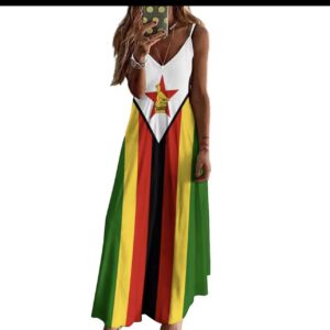 Long Dresses Dress Zimbabwe Flag Print New Casual Sleeveless Women's V-Neck Printed Dress Swing Retro Dress